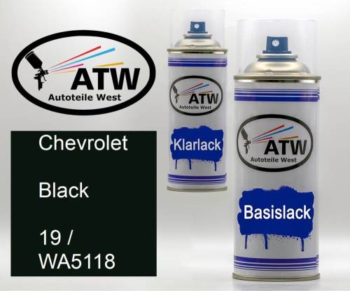 Chevrolet, Black, 19 / WA5118: 400ml Sprühdose + 400ml Klarlack - Set, von ATW Autoteile West.